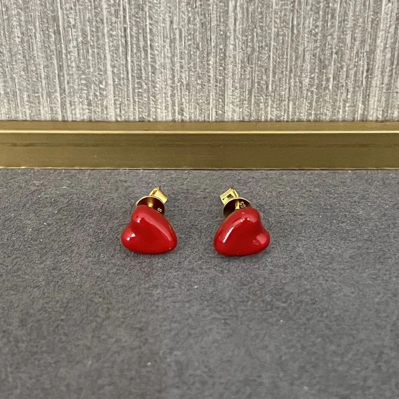 Women’s geometric dangle earrings-Enamel Red Heart Stud Earrings