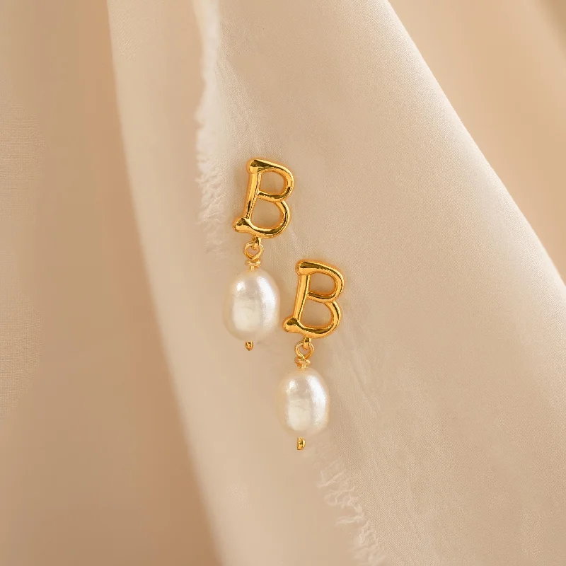 Women’s gold hoop earrings-Initial Pearl Drop Studs