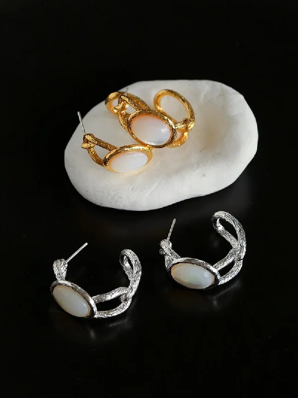 Women’s big earrings-Oval White Mother-of-Pearl Twist Earrings