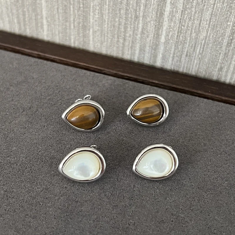 Women’s custom stud earrings-925 Sterling Silver Wood Grain White Mother of Pearls Water Drop Earrings