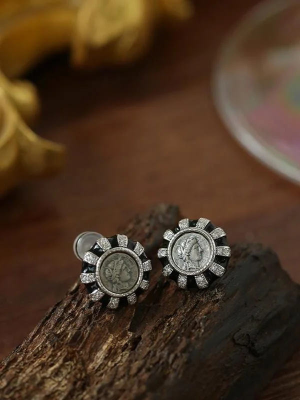 Women’s gold earrings-Ancient Greek Retro 925 Silver Coin Stud Earrings-Type K