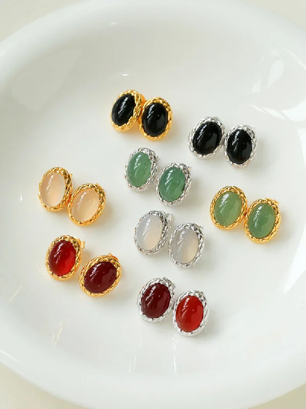 Women’s stackable earrings-Vintage Oval Multicolor Gemstone Stud Earrings