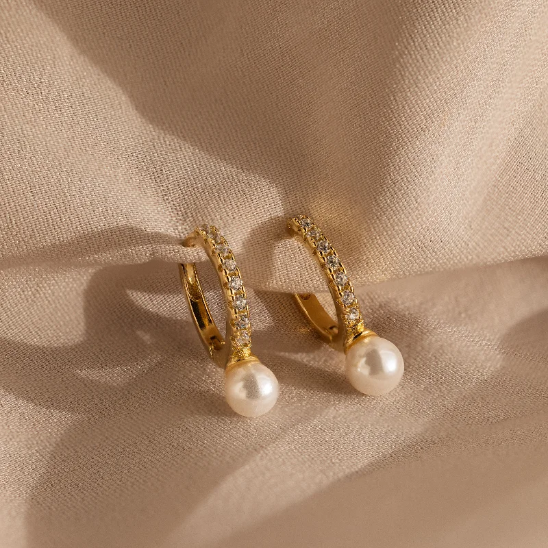 Women’s creative earrings-Pave Pearl Drop Huggies