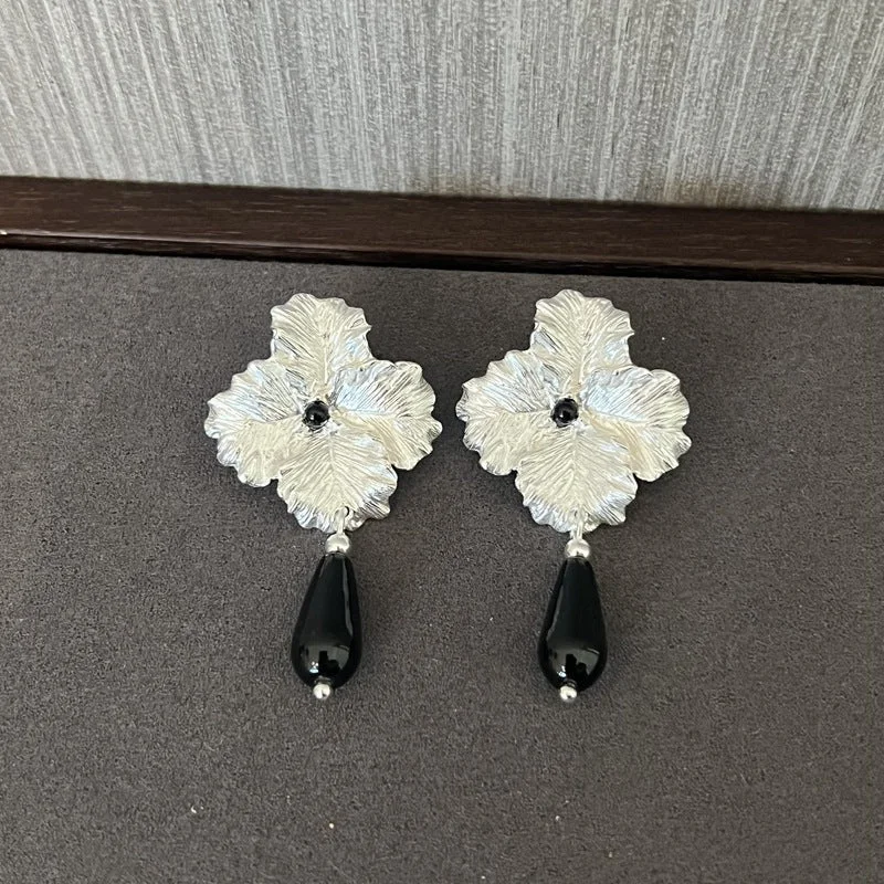 Women’s unique earrings-925 Sterling Silver Flower Drop Black Agate Earrings