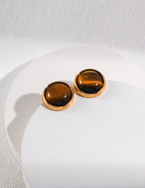 Women’s hoop earrings-Round Tiger Eye Stone Stud Earrings