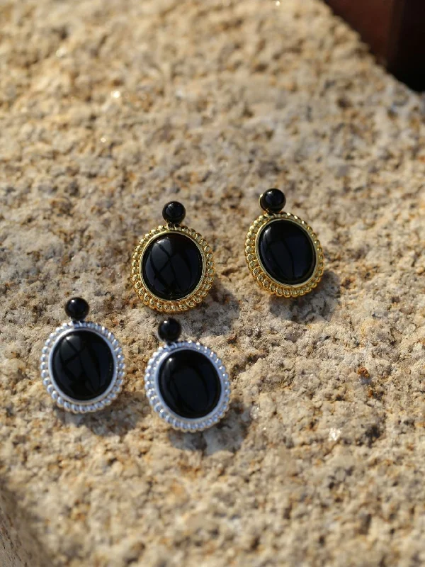 Women’s classic hoop earrings-Dark Night Black Agate Mirror Gemstone Earrings-Black Agate Earrings