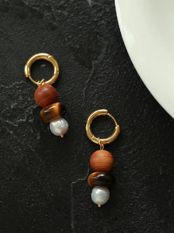 Women’s classic earrings-Primeval Forest Nature's Wood Bead Pearl Drop Earring