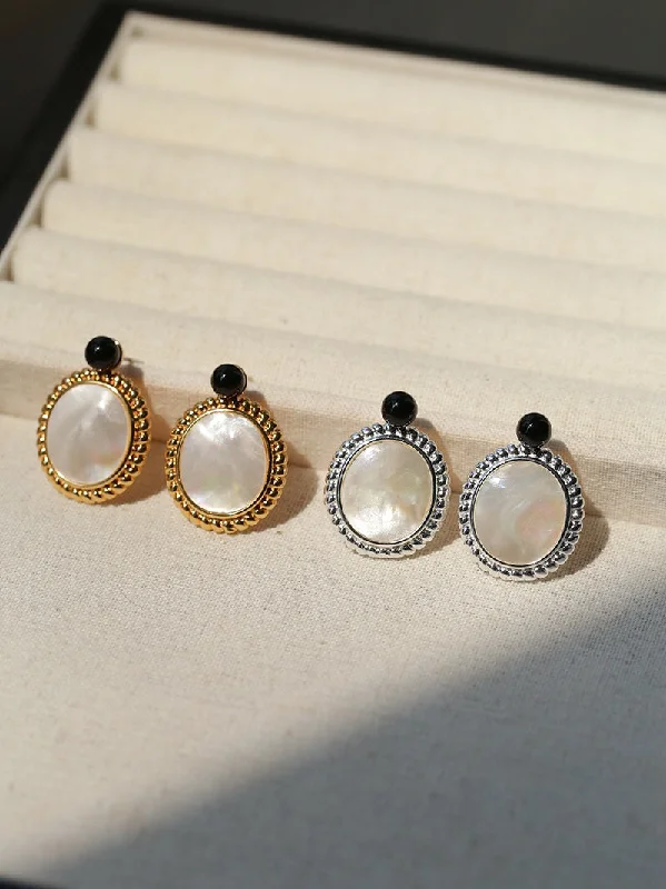 Women’s vintage diamond earrings-Dark Night Black Agate Mirror White Mother of Pearl Earrings-Mother of Pearl Earrings