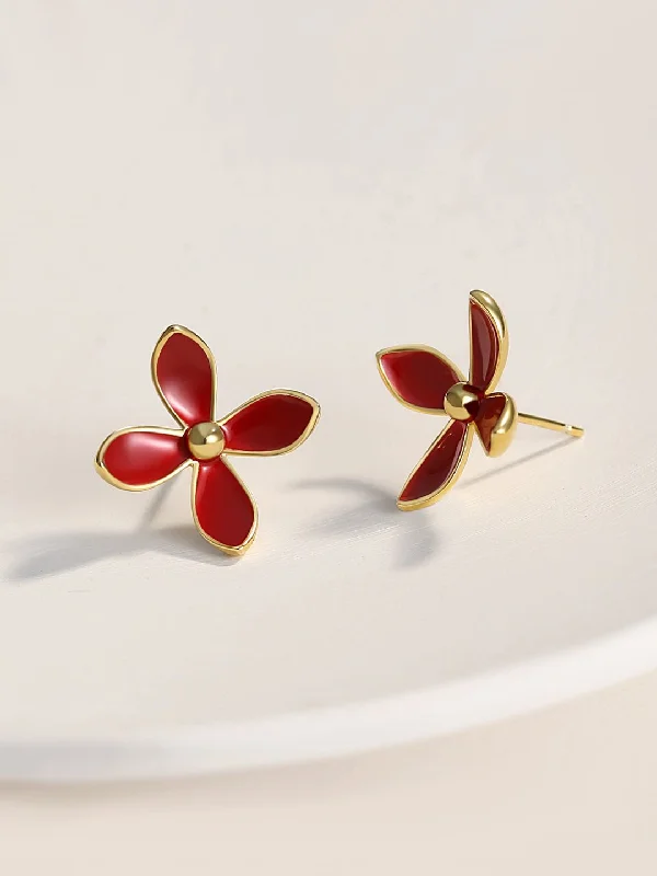 Women’s drop and dangle earrings-Red Enamel Glaze Earrings Flower Vitality in Bloom