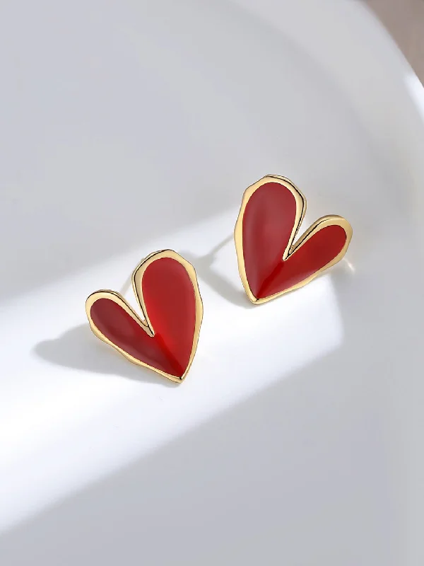 Women’s stackable earrings-Red Enamel Glaze Folded Love Hearts Stud Earrings