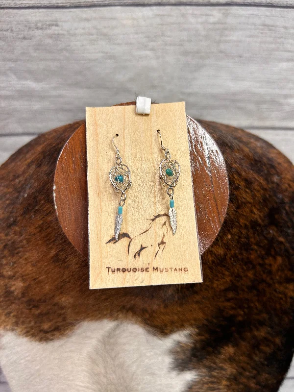 Women’s romantic earrings-Dream Catcher With Turquoise Nugget & Feather Earrings