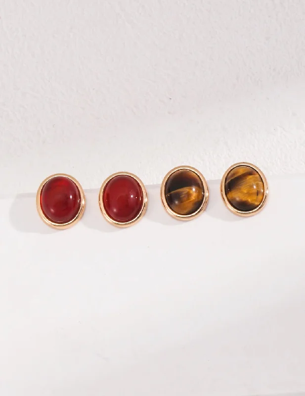 Women’s boho earrings-Smooth Oval Gemstone Stud Earrings