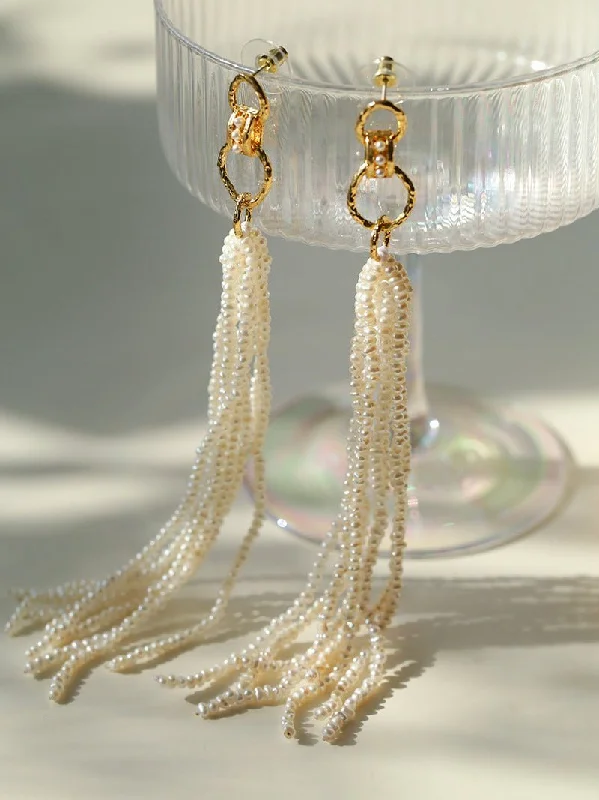 Women’s statement earrings-Braided Long Rice Grain Pearl Earring