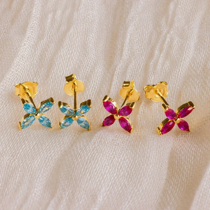 Women’s romantic earrings-Birthstone Flower Studs