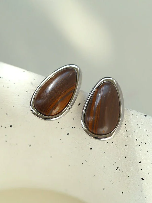 Women’s classic earrings-Minimalist 925 Silver Wood Grain Stone Earrings