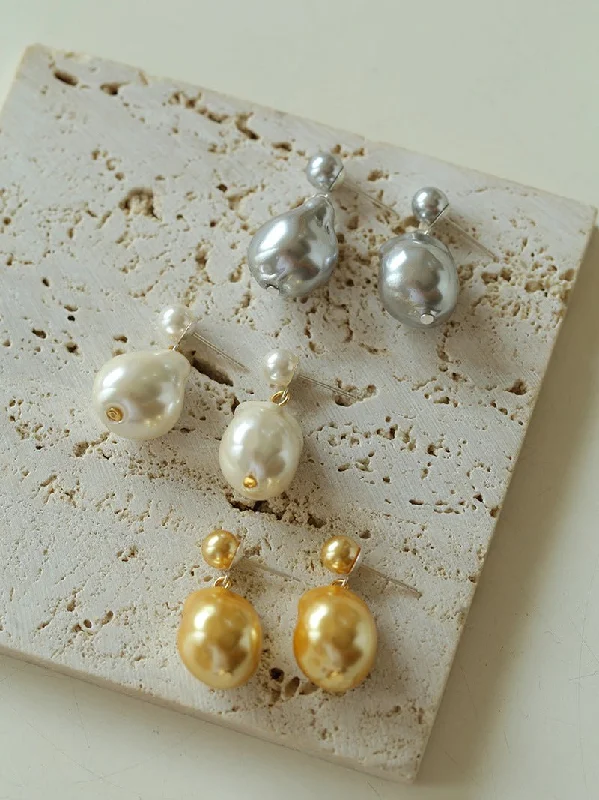 Women’s silver stud earrings-Simple Single Baroque Pearl Short Drop Earrings