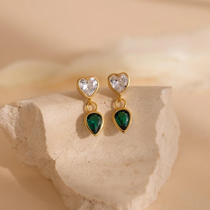 Women’s vintage earrings-Emerald Heart Drop Studs