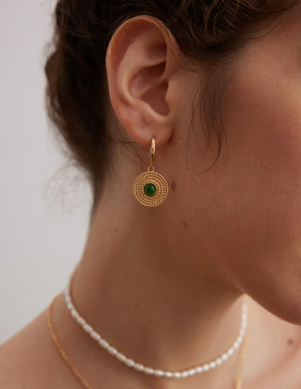 Women’s crystal earrings-Vintage Disc Chrysoprase Hoop Earrings