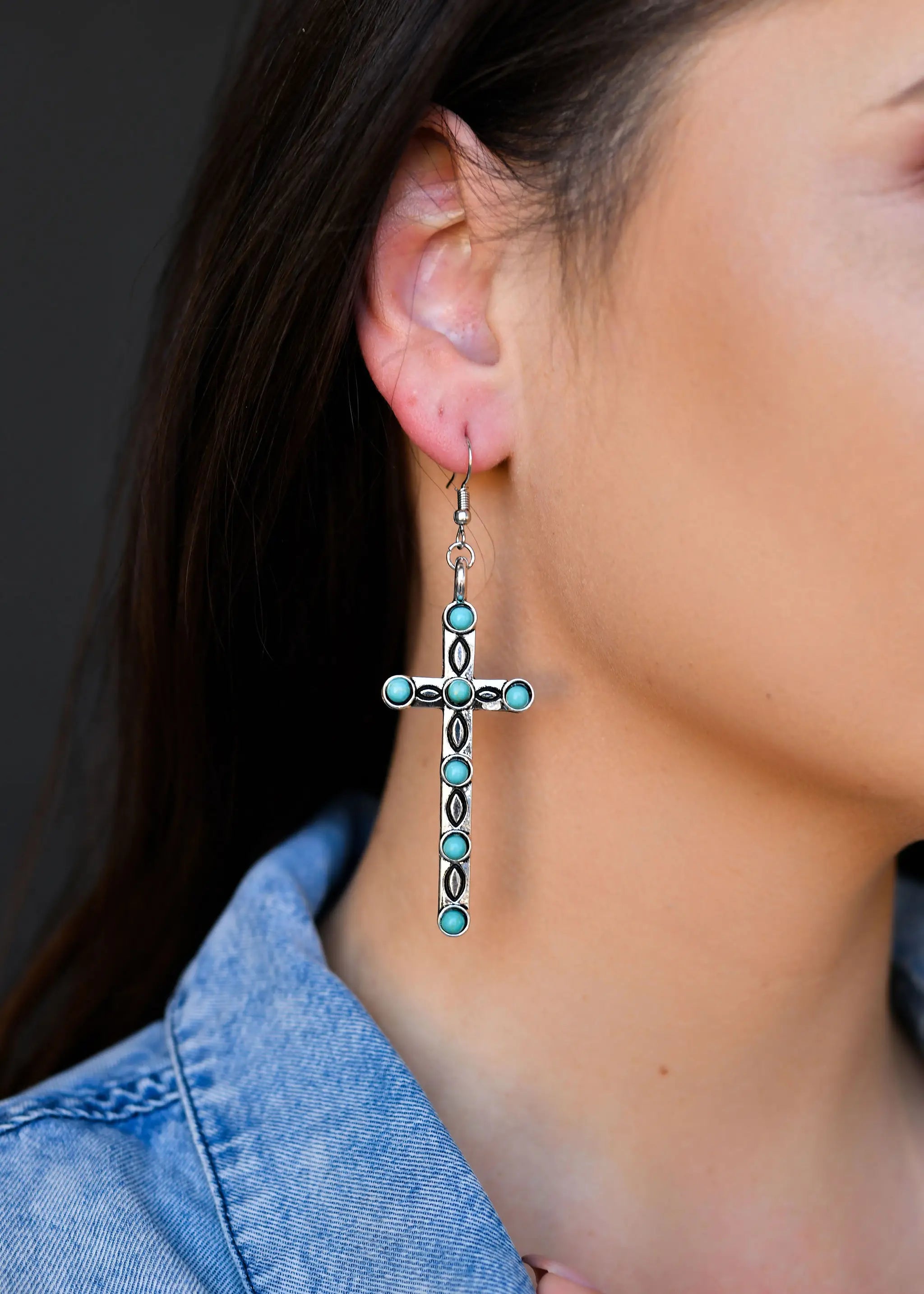 Women’s textured earrings-Silver Stamped Cross Earring with Turquoise Accents