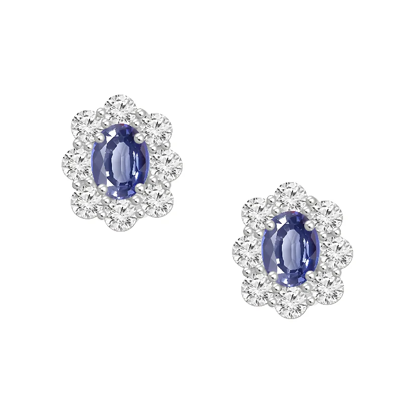 Women’s vintage diamond earrings-18K OVAL SAPPHIRE & DIAMOND STUD EARRINGS