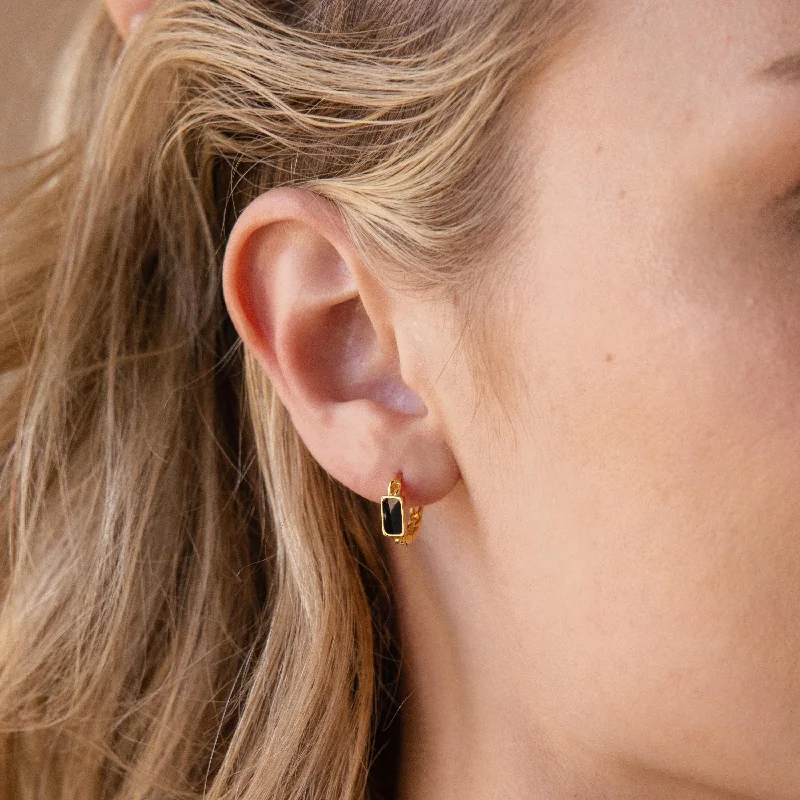 Women’s bold earrings-Onyx Link Huggies