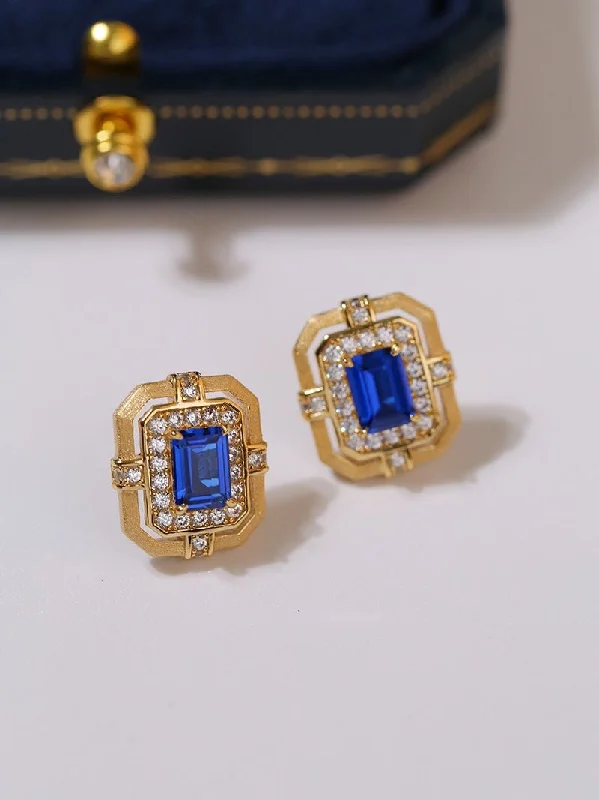 Women’s chic earrings-Matte Gold Square Hollow Diamond Wrapped Sapphire Stud Earrings