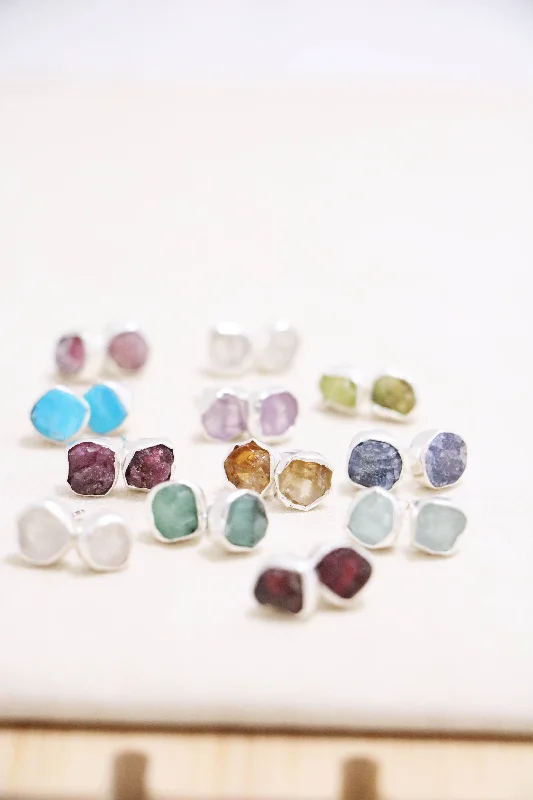 Women’s minimal earrings-raw gemstone nugget earrings { silver }