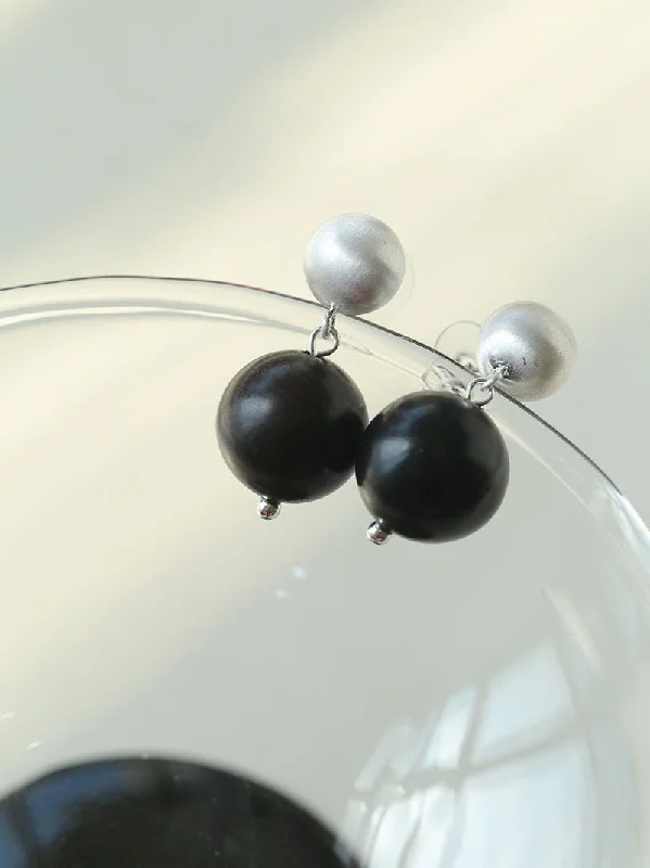 Women’s antique earrings-Brushed Ball Ebony Wood Round Bead Drop Earrings