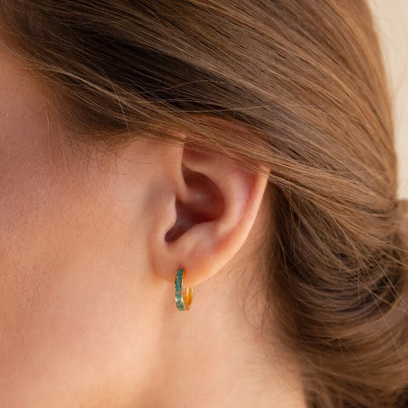 Women’s gold earrings-Green Opal Inlay Hoops