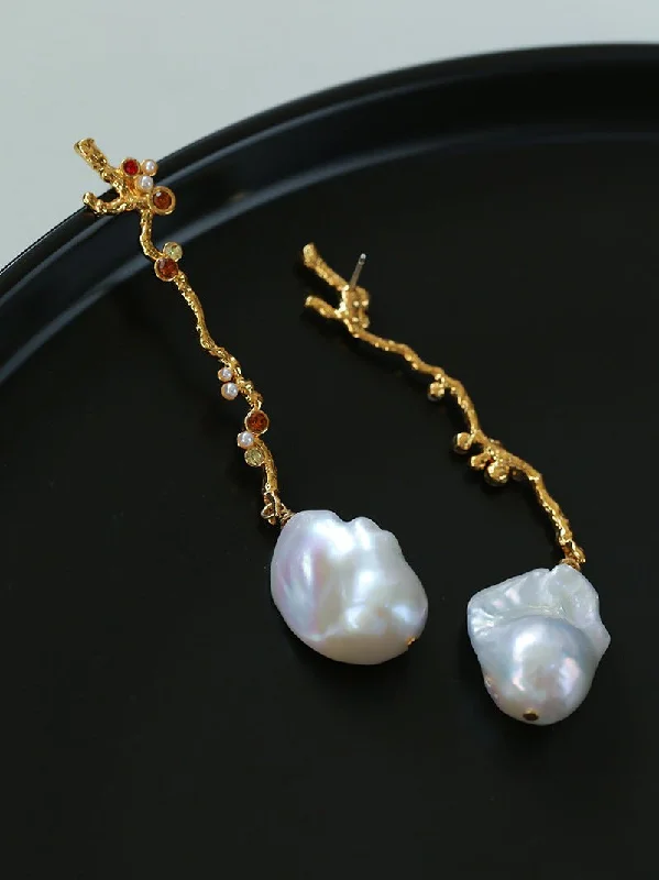 Women’s fashion statement earrings-Branch Baroque Pearl Long Drop Earrings-With Diamond