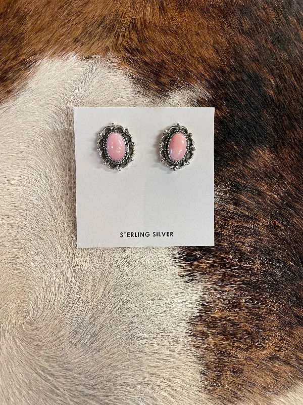 Women’s gemstone earrings-Pink Opal Oval Stud Earrings