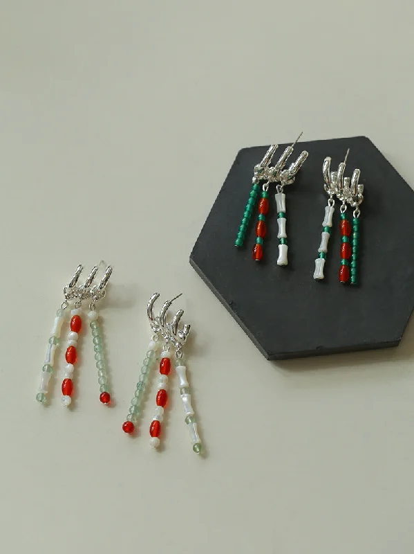 Women’s antique earrings-New Chinese Style Bamboo Aventurine Commuting Three-Layer Earrings