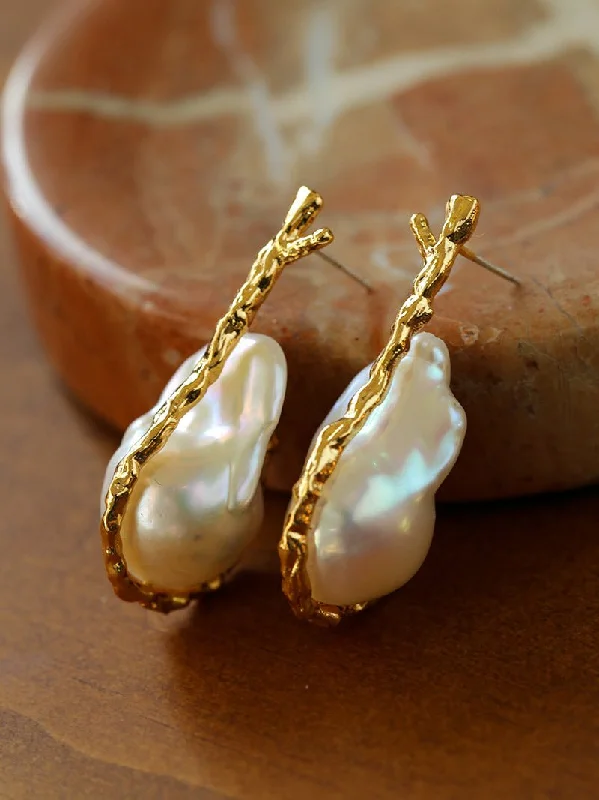 Women’s diamond earrings-Hooked Branch Baroque Pearl Stud Earrings