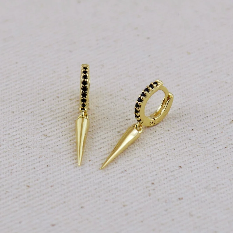 Women’s minimal earrings-Black CZ Hoop Earrings With Spike Drop