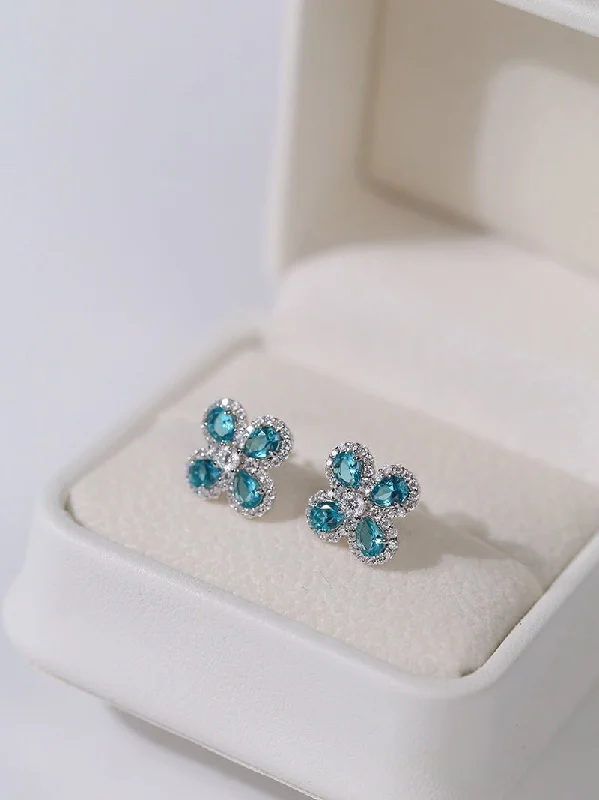 Women’s gemstone earrings-925 Sterling Silver Sky Blue Four-Leaf Stud Earrings