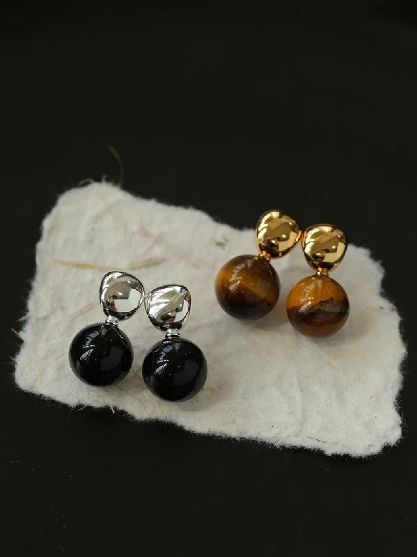 Women’s floral earrings-Black Agate and Tiger's Eye Drop Earrings