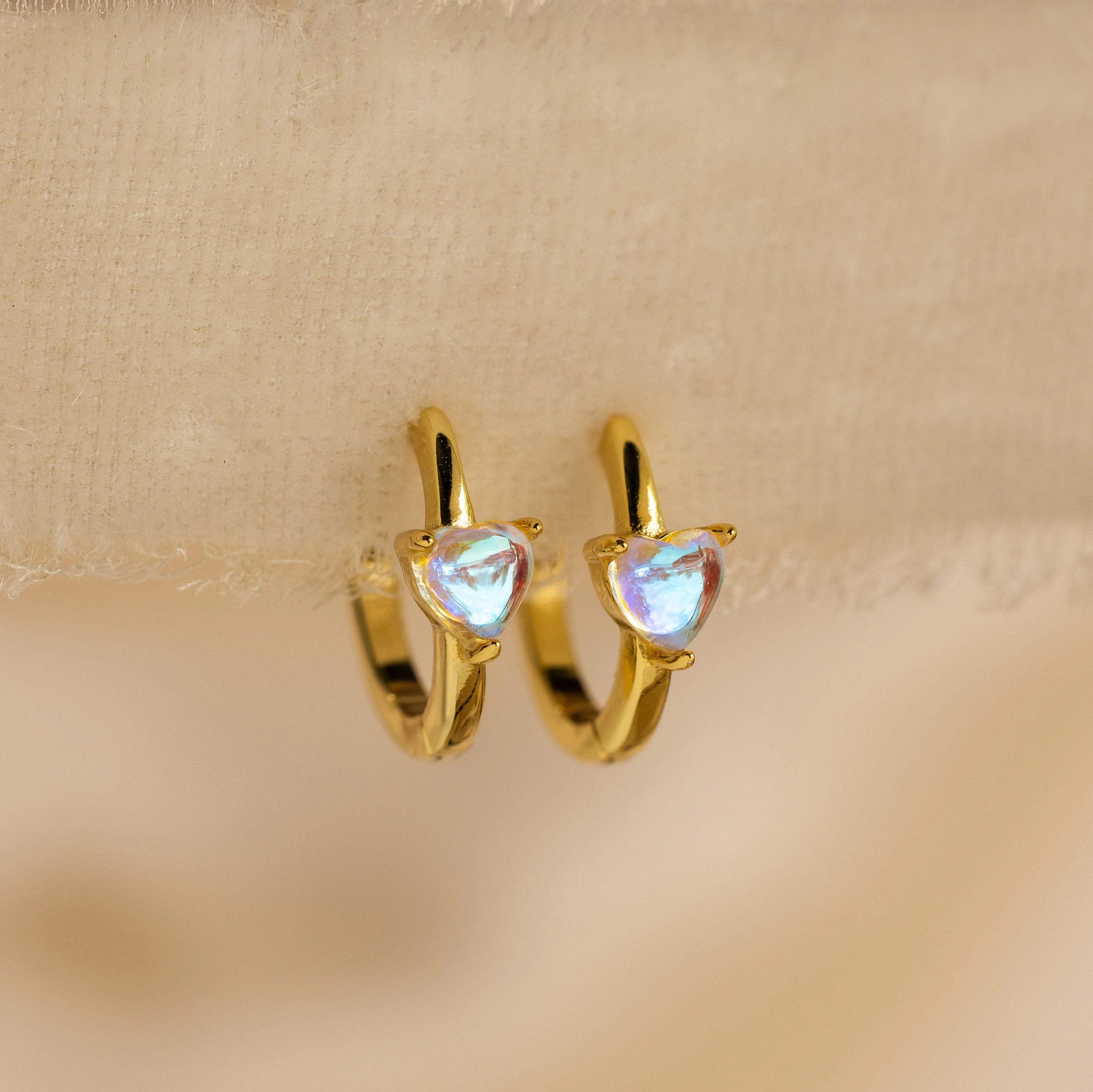 Women’s diamond earrings-Moonstone Heart Huggies