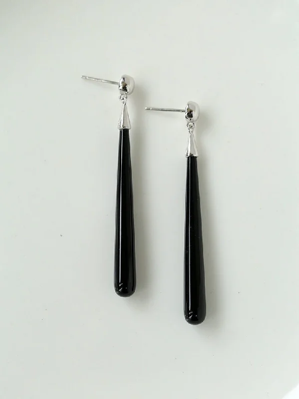 Women’s stud and hoop earrings-Long Teardrop Black Agate Earrings