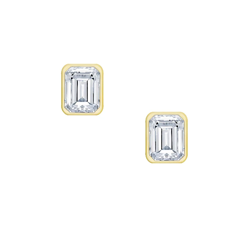 Women’s sterling silver earrings-18 Karat .55ct Emerald Cut Bezel Set Stud Earrings