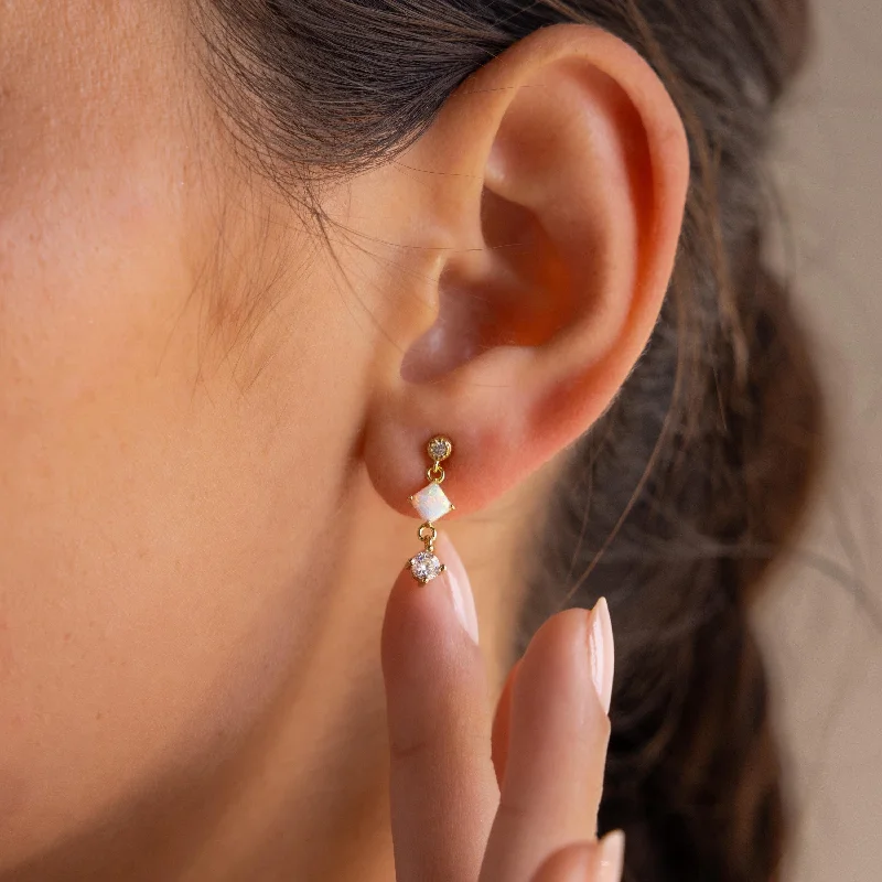 Women’s geometric dangle earrings-Opal & Diamond Drop Studs