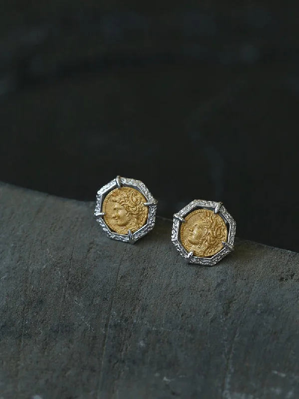 Women’s gold hoop earrings-Ancient Greek Retro 925 Silver Coin Stud Earrings-Type F