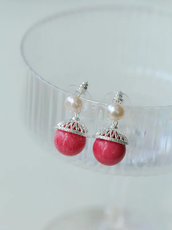 Women’s statement earrings-Rose Chalcedony Gemstone Drop Pearl Earrings