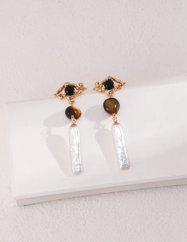 Women’s elegant earrings-Tiger Eye Stone Long Baroque Pearl Earrings