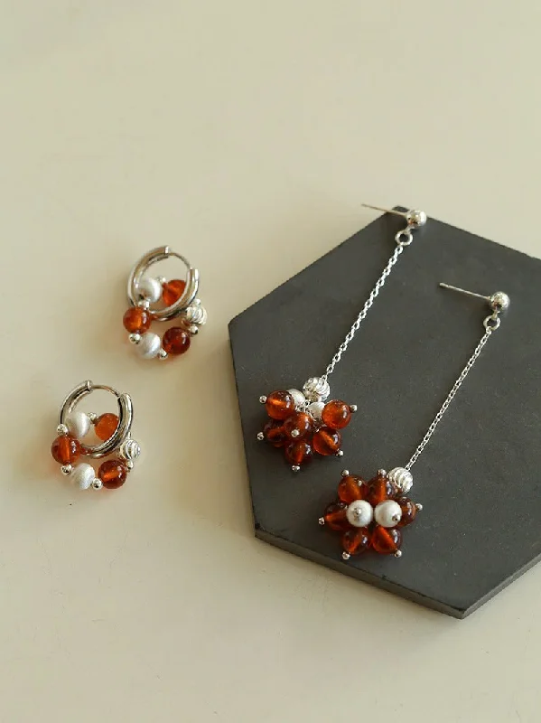 Women’s elegant drop earrings-Orange Red Garnet Silver Hoops Earrings Long Drop Earrings