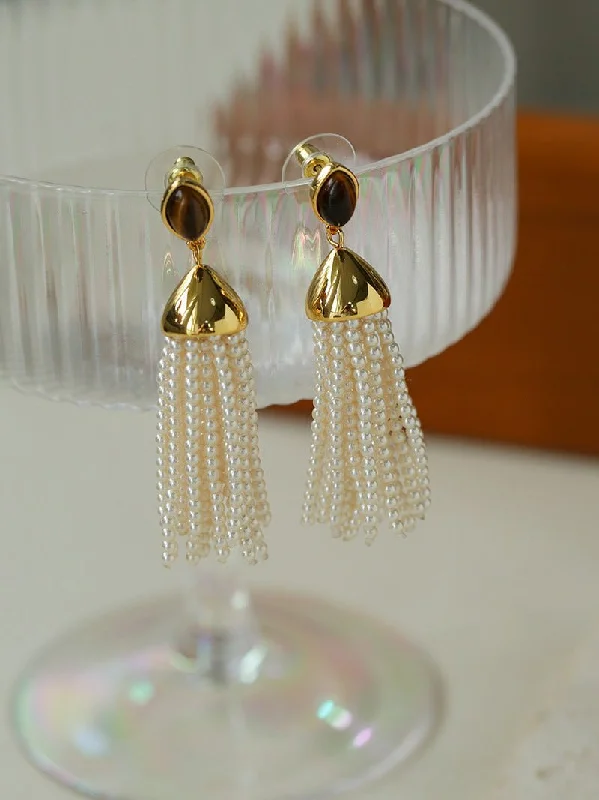 Women’s precious stone earrings-Vintage Princess Tassel Pearl Earrings with Marquise Tiger's Eye