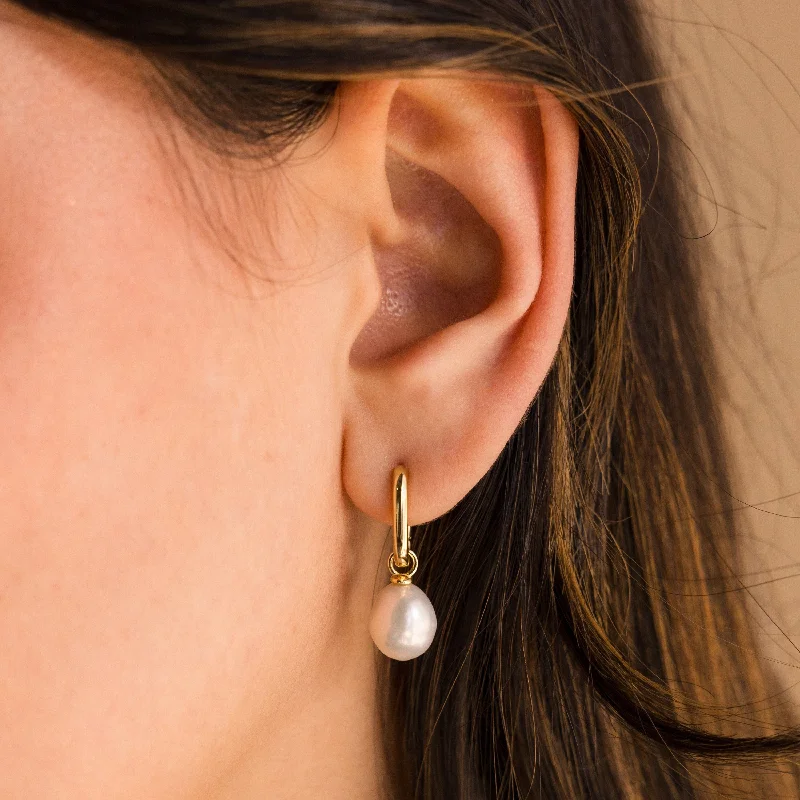 Women’s retro earrings-Freshwater Pearl Drop Hoops