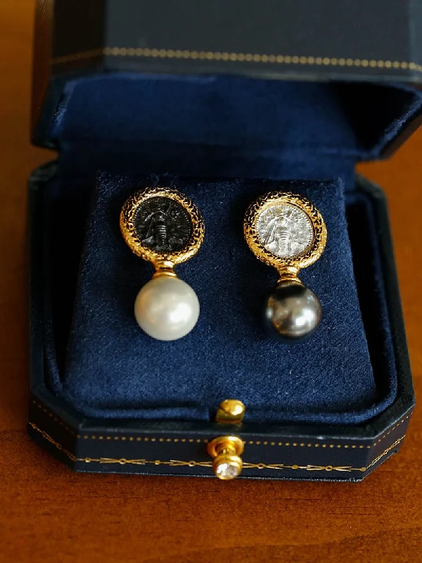 Women’s dangle earrings-Ancient Greek Retro 925 Silver Coin Pearl Stud Earrings-Type H I