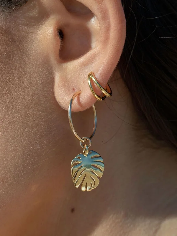 Women’s elegant drop earrings-Gold Monstera Charm Huggie Hoop Earrings - Alohi