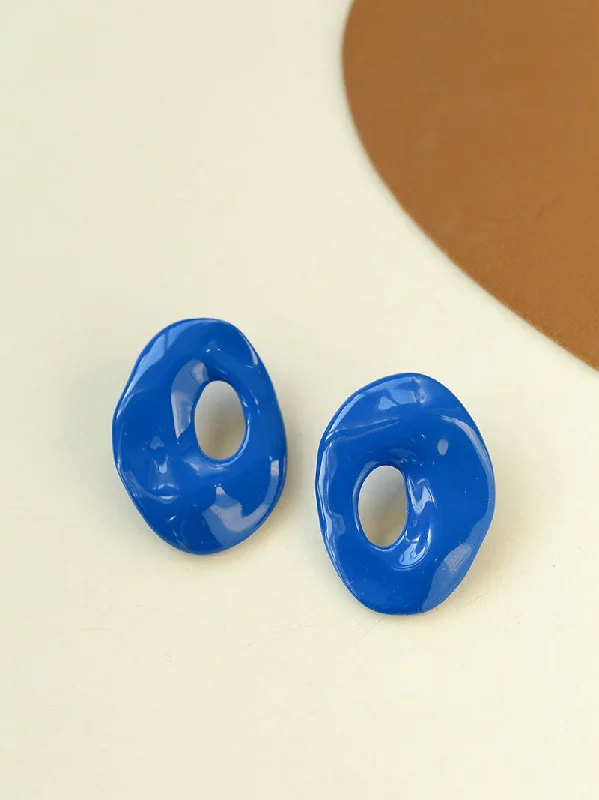 Women’s luxury earrings-Irregular Geometric Oval Hollow Blue Enamel Earrings