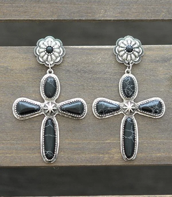 Women’s sterling silver earrings-Black Stone Cross Earrings